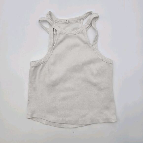 Anthropologie Top Womens Small White Tank Ribbed Cropped Cut Out High Neck Daily - Picture 1 of 14